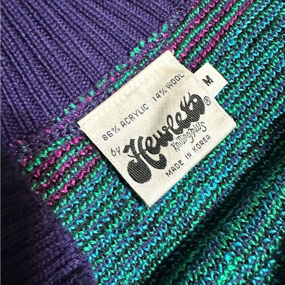 Vintage wool blend Purple and green bright retro floral Crew Neck Sweater padded - Picture 7 of 8